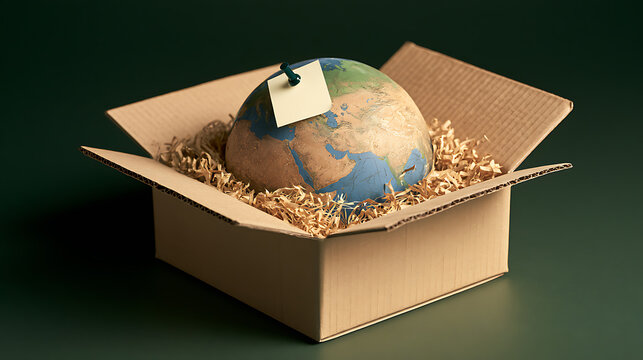 Globe planet Earth inside a cardboard delivery package with wood wool packaging filler and a sticky note for export import concept