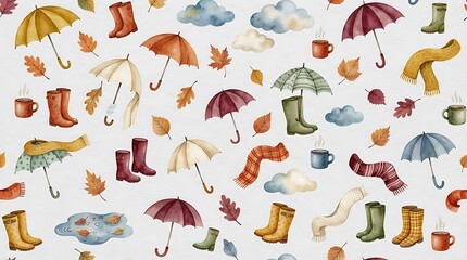 Obraz premium seamless watercolor surface pattern featuring cozy autumn rain elements