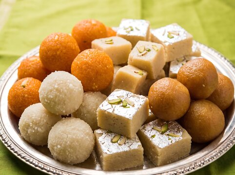 Assorted Indian sweets on a silver platter
