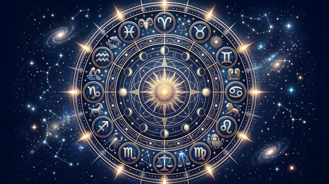 Intricate golden astrology zodiac wheel circle with horoscope signs, moon phases, and sun, glowing against a starry outer space cosmic background with constellations and galaxies