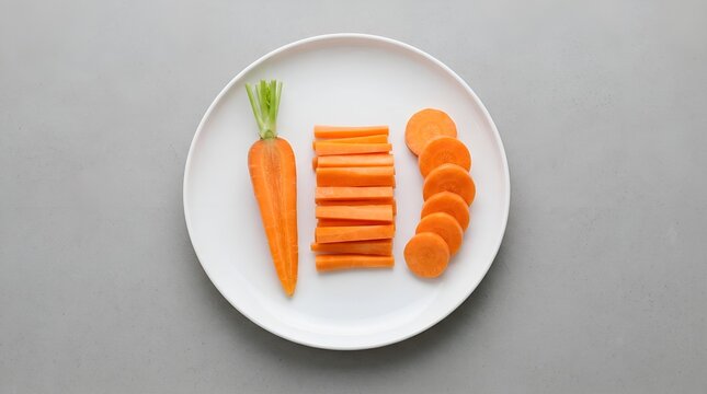 Fresh orange carrot sliced into rounds and sticks on a white ceramic plate overhead view.