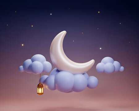 Crescent moon with lantern on clouds during twilight with starry sky concept for peaceful night