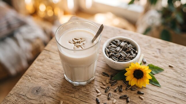 A glass of healthy sunflower seed milk with seeds and a flower on a wooden table.