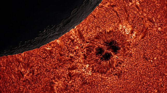 Sun surface texture and sunspot with dark planet shadow during solar eclipse.