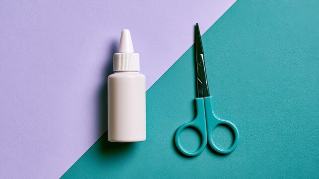 White glue bottle and small scissors rest neatly on a vibrant two-tone teal and lavender surface, crafting concept