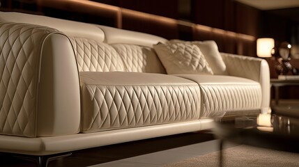 Obraz premium Luxurious white leather sofa with diamond stitching sits elegantly in a sophisticated living room setting, representing comfort