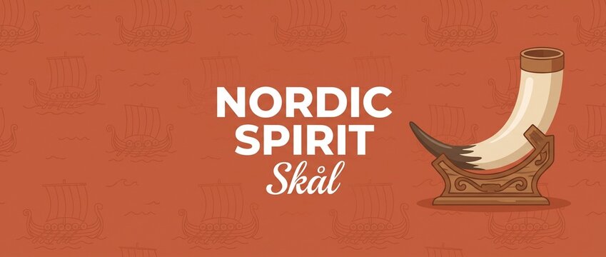 Viking drinking horn nordic vector illustration banner background with Skal text and drakkar ship pattern for scandinavian heritage culture concept ancient norse history design graphic template