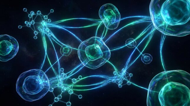 Abstract scientific background featuring glowing neural network cells and interconnected biological molecules.