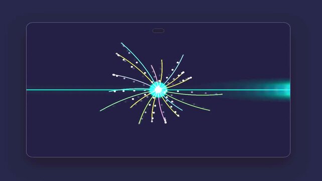 Abstract glowing particle explosion and light beam audio visualizer spectrum animation against a dark background motion graphic loop