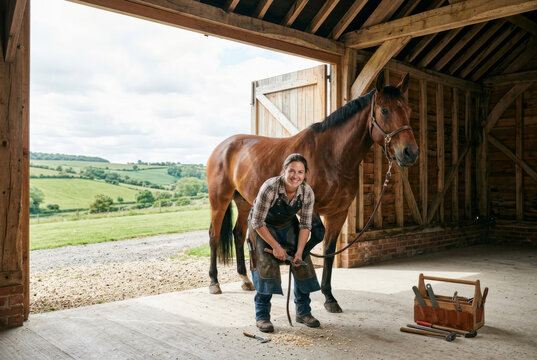 Female farrier trims a hoof in a sunlit barn doorway beside a calm bay horse, leather apron, single tidy toolbox, clean swept floor and generous copy space.