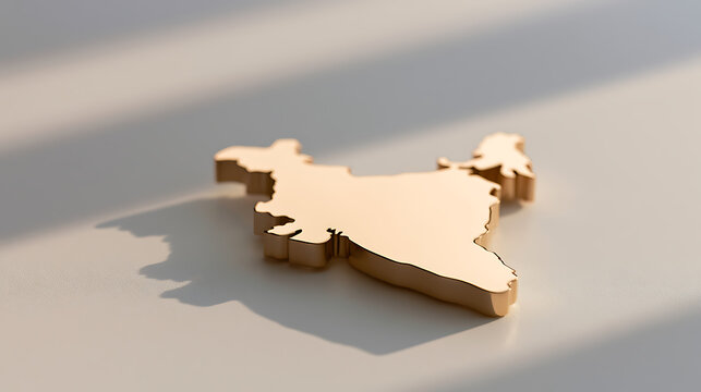 Minimalist golden three-dimensional metal map object rest on a clean white surface with soft light and shadow pattern for global concept