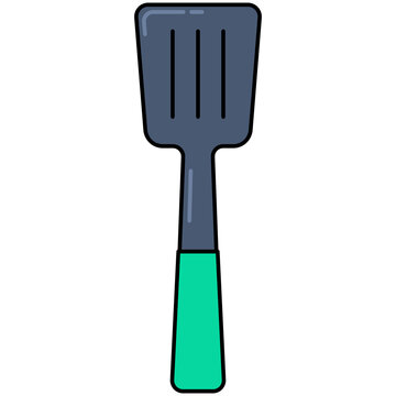 Flat style icon illustration of cooking spatula flipper with green handle isolated on transparent background. Graphic design element clip art for kitchen tool assets.