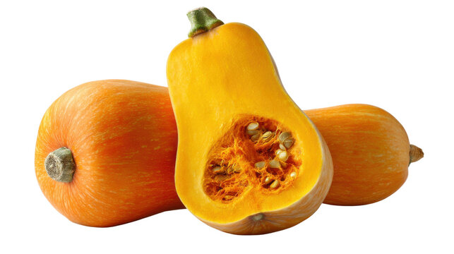 Fresh butternut squash whole and halved showing orange flesh with seeds and organic vegetable nutrition texture isolated on white background