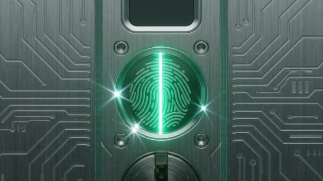 Industrial Titanium Biometric Padlock with Cyber Lines and Emerald Glow for High-Tech Data Security