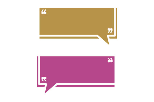 Two rectangular speech bubbles with quotation marks, one gold, one purple