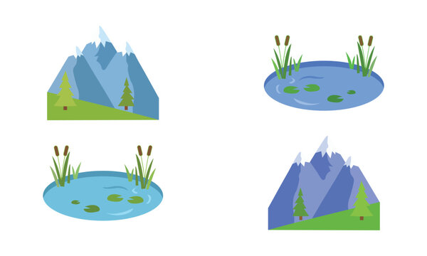 Nature landscape icons set with snowy mountain peaks, pine trees, and fresh water pond with water lilies and cattails, flat cartoon outdoor elements