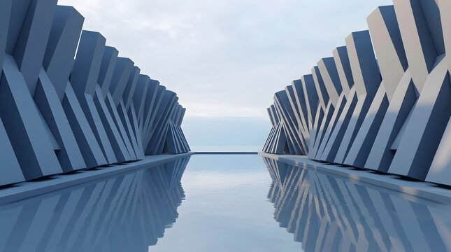 Modern architectural structure with repetitive geometric shapes reflected in a calm pool of water under a bright sky