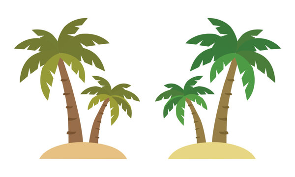 Cartoon palm trees on small sandy islands, tropical summer vacation symbol, vector illustration