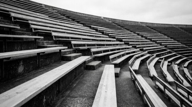 Empty wooden stadium bleacher seats in black and white.