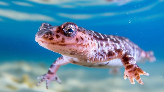 Marbled salamander floating and swimming in clear blue water with its reflection on the surface