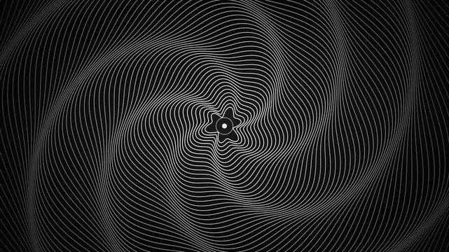 Hypnotic black and white spiral pattern with intricate flowing wave lines