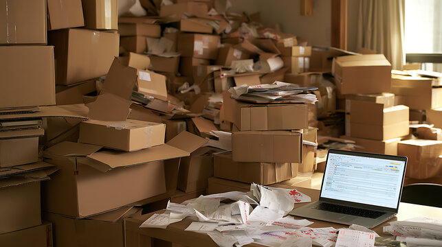 A cluttered room filled with towering stacks of cardboard delivery boxes and a desk with a laptop surrounded by piles of paper documents