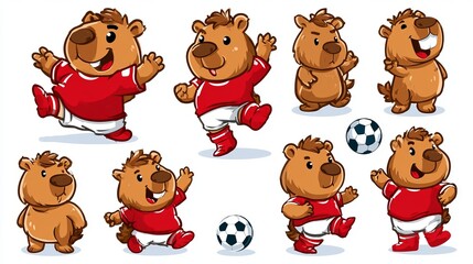 Obraz premium Cheerful beaver mascots playing soccer, various poses, joyful expressions, a vibrant concept for team spirit and youthful energy