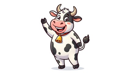 Fototapeta premium Adorable cartoon dairy cow mascot character standing, smiling, and waving hand with a golden cowbell on collar, cute spotted farm animal vector illustration isolated on white background