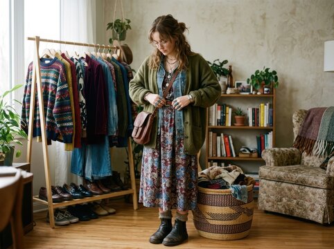Young Woman In A Stylish Thrifted Outfit Posing Confidently, Showcasing Sustainable Fashion Choices.
