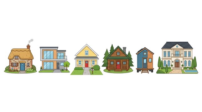 Set of diverse house styles including cottage, modern villa, suburban home, log cabin, tiny house and mansion