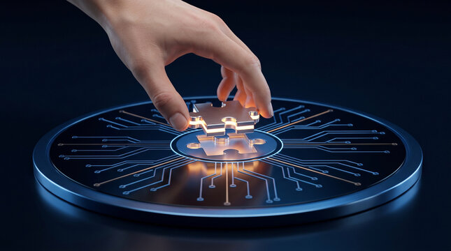 System Integration Concept Showing Hand Placing Glowing Puzzle Piece on Digital Network Circuit