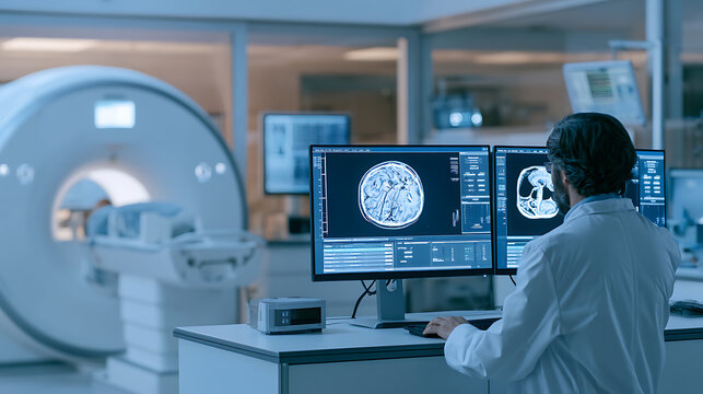 Medical professional analyze brain scan on computer in hospital radiology laboratory with advanced diagnostic equipment in background for healthcare