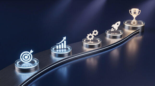 Business growth milestones on a strategic pathway featuring chart gears rocket and trophy icons representing corporate success