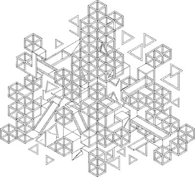 Abstract isometric wireframe structure composed of interconnected cubes and floating geometric triangles on white