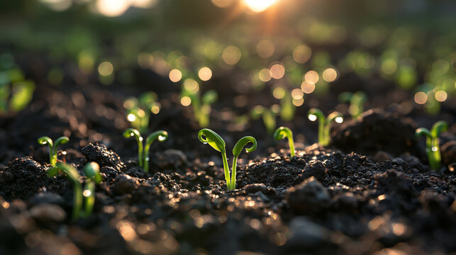 Green Seedlings Growing in Soil at Sunrise