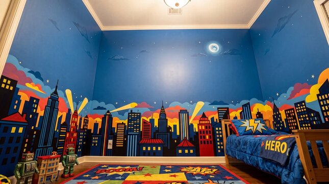 Superhero Themed Children Bedroom with Cityscape Wall Mural