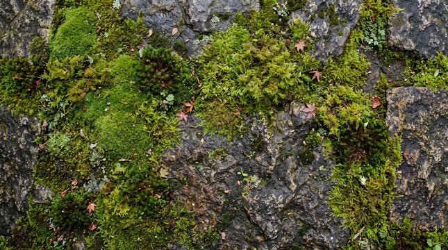 Natural Texture of Green Moss on Wet Stone Surface