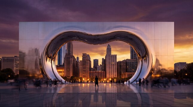 Futuristic Metallic Architectural Portal Framing City Skyline at Sunset