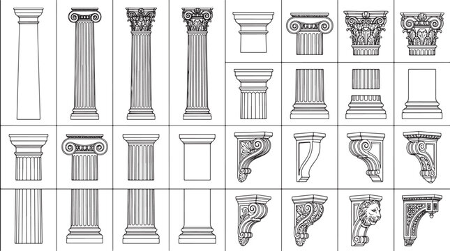 Collection of classical architectural columns and ornate decorative corbels in a detailed black and white line drawing