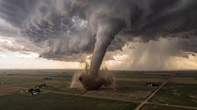 Massive Tornado Touching Down in Rural Farmland Field
