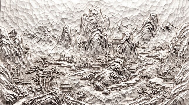 Traditional Chinese Mountain Landscape Bas-Relief Carving