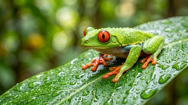 Red-Eyed Tree Frog on Wet Green Leaf in Rainforest
