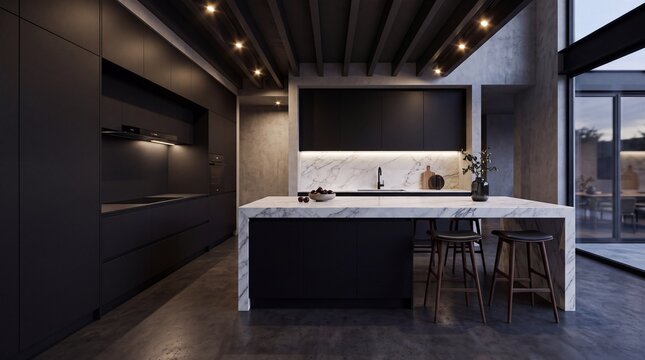 Modern Luxury Kitchen Interior with Marble Island