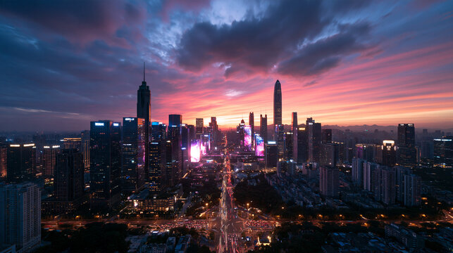 Aerial View of Modern City Skyline at Sunset