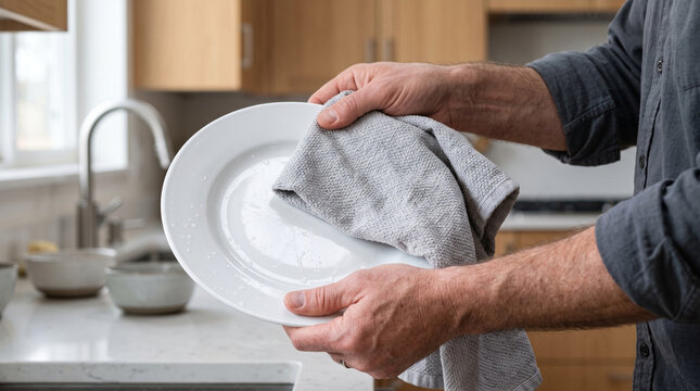 Drying a Clean Plate With a Kitchen Towel