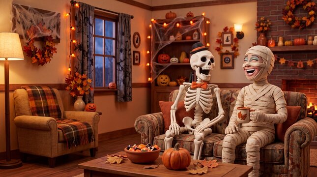 Skeleton and Mummy Relaxing in Cozy Halloween Living Room