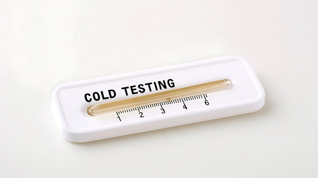 A close up view of a white digital thermometer device with the text cold testing printed on top placed on a clean plain white background