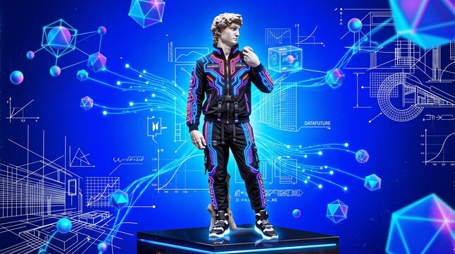 Michelangelo David Statue Wearing Futuristic Cyberpunk Streetwear