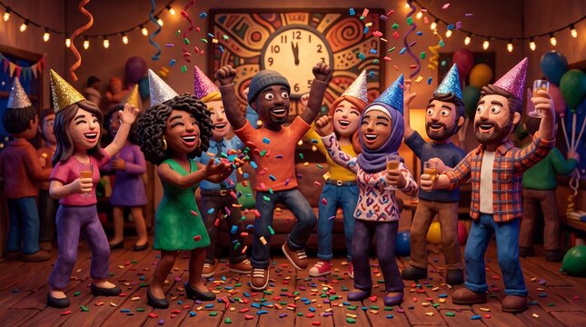 Diverse Friends Celebrating New Year Eve at Midnight Party