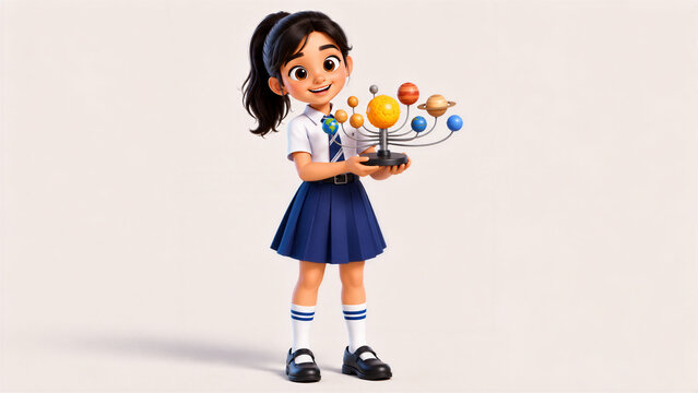 Cute Schoolgirl Holding a Colorful Solar System Model for Science Education